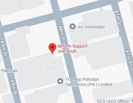 Map showing the Reform Support Unit office at #47-E/1, 48th Street, Block-6, PECHS, Nursery, Shahrah-e-Faisal, Karachi